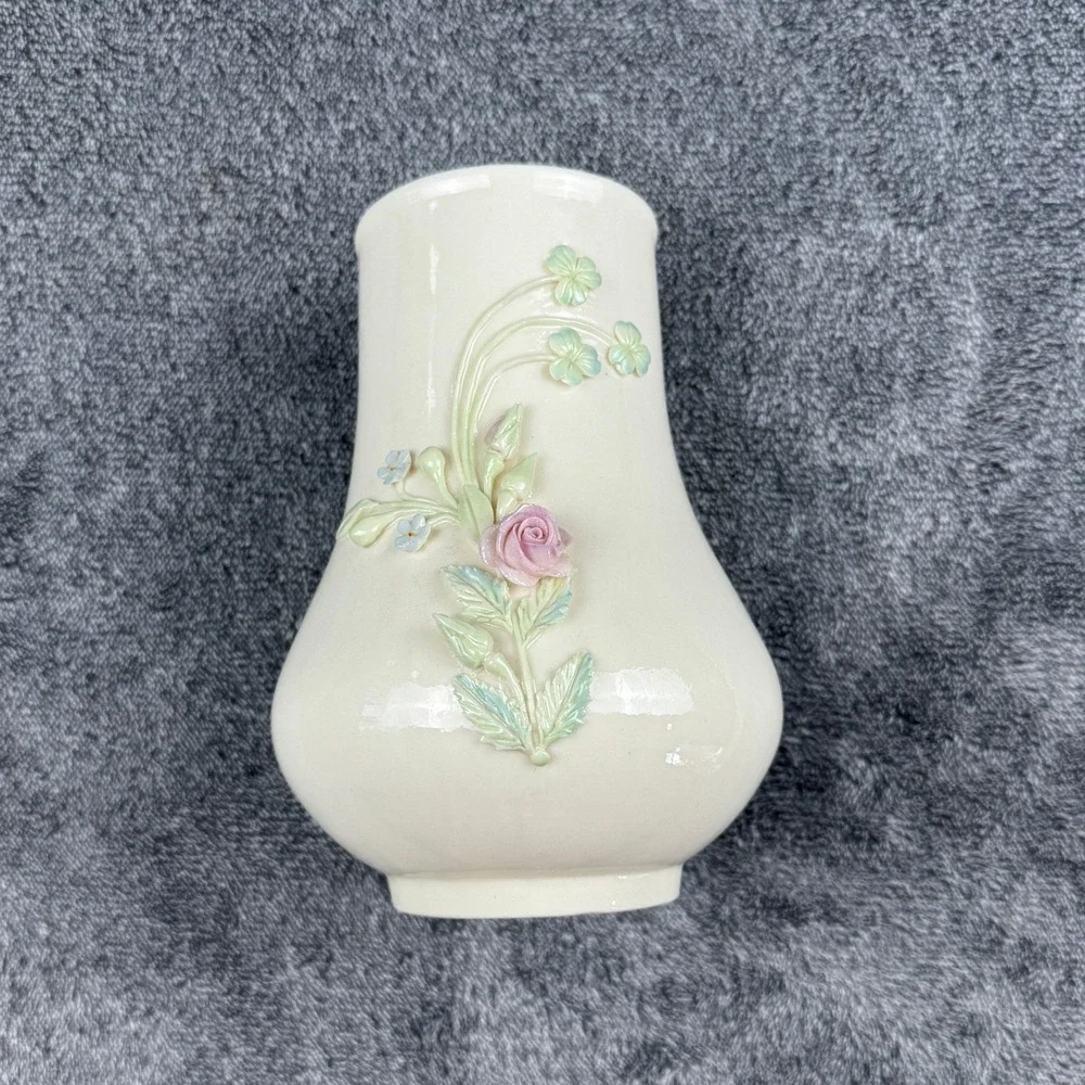 VTG Belleek Ireland Parian China Vase Pink‎ Rose Blue Flower Shamrock Green Mark